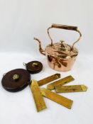 Victorian copper kettle; two leather cased measuring tapes and five brass bound measuring rules.