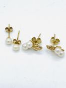 Two pairs of gold and pearl earrings.
