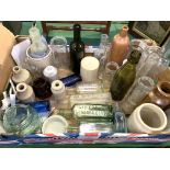 Box of 31 antique bottles and pots mainly Victorian including one from Petersfield, Hampshire.