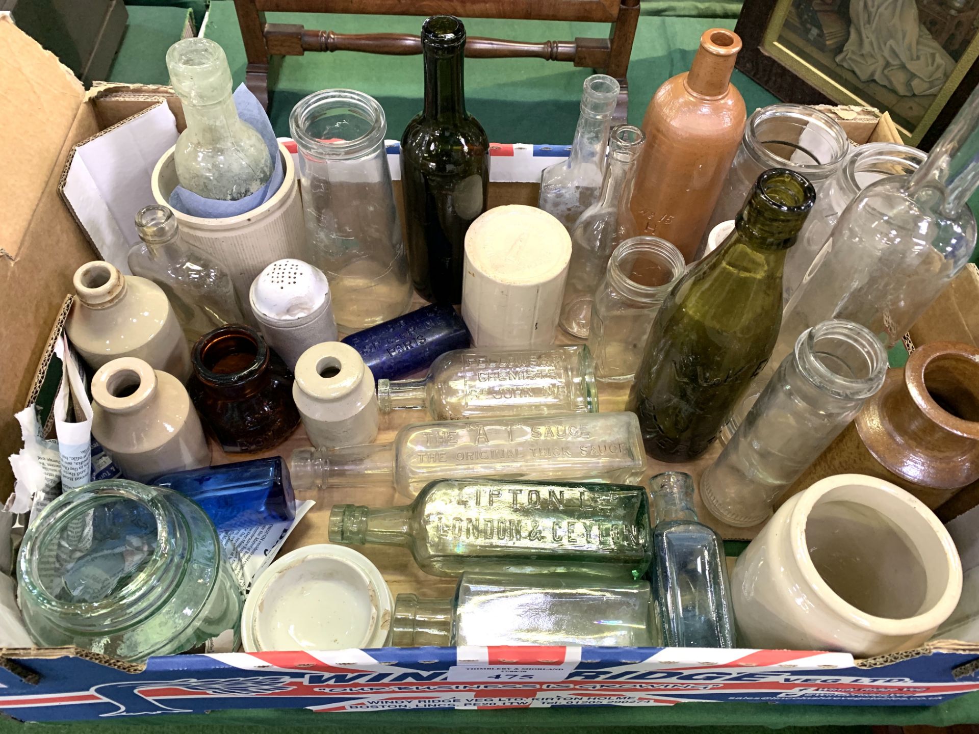 Box of 31 antique bottles and pots mainly Victorian including one from Petersfield, Hampshire.