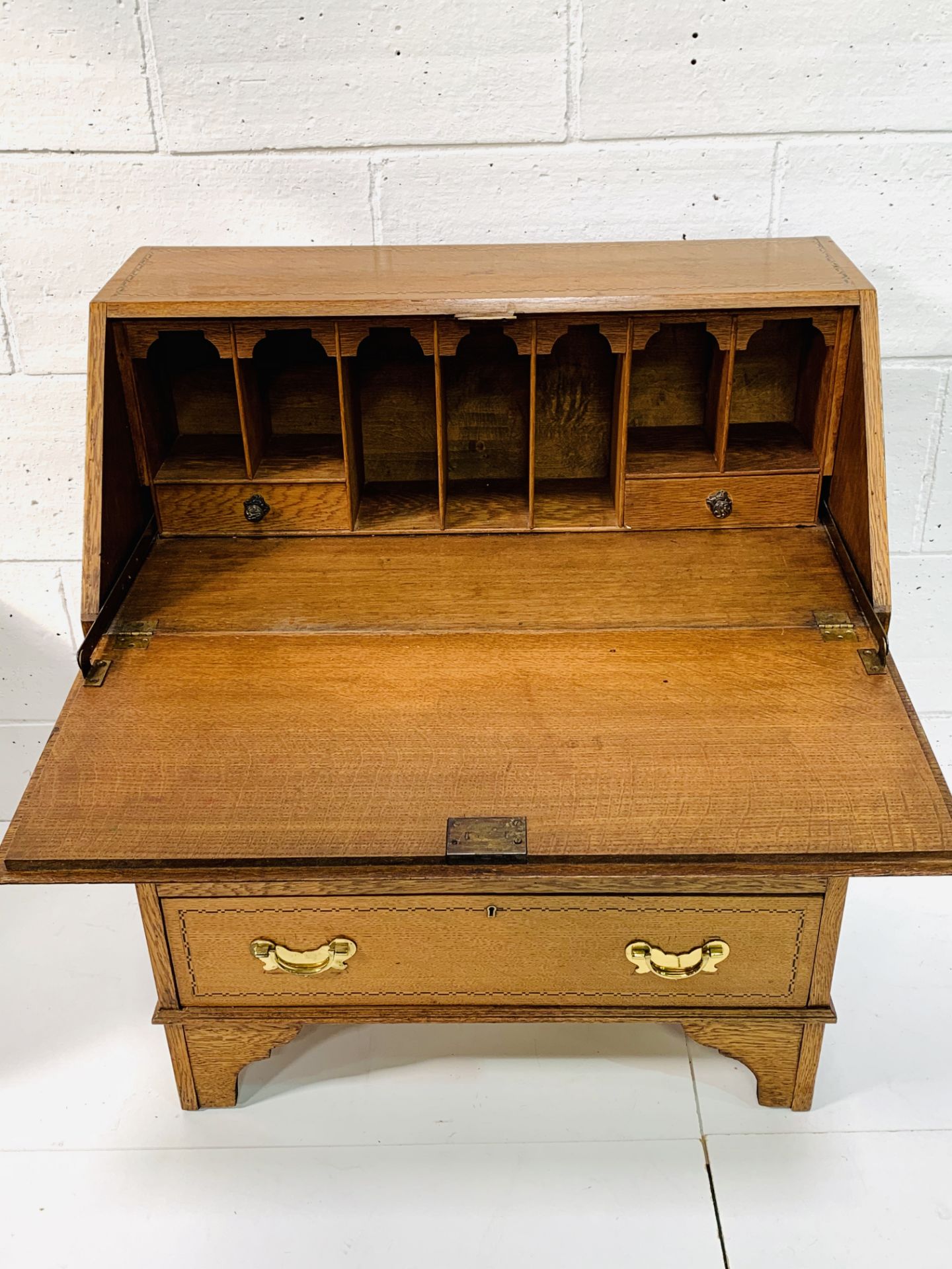 Small oak bureau with fitted interior, string inlay and brass handles, complete with key. - Image 2 of 4