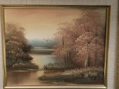 Three small gilt framed oil on canvas landscape paintings by various artists.