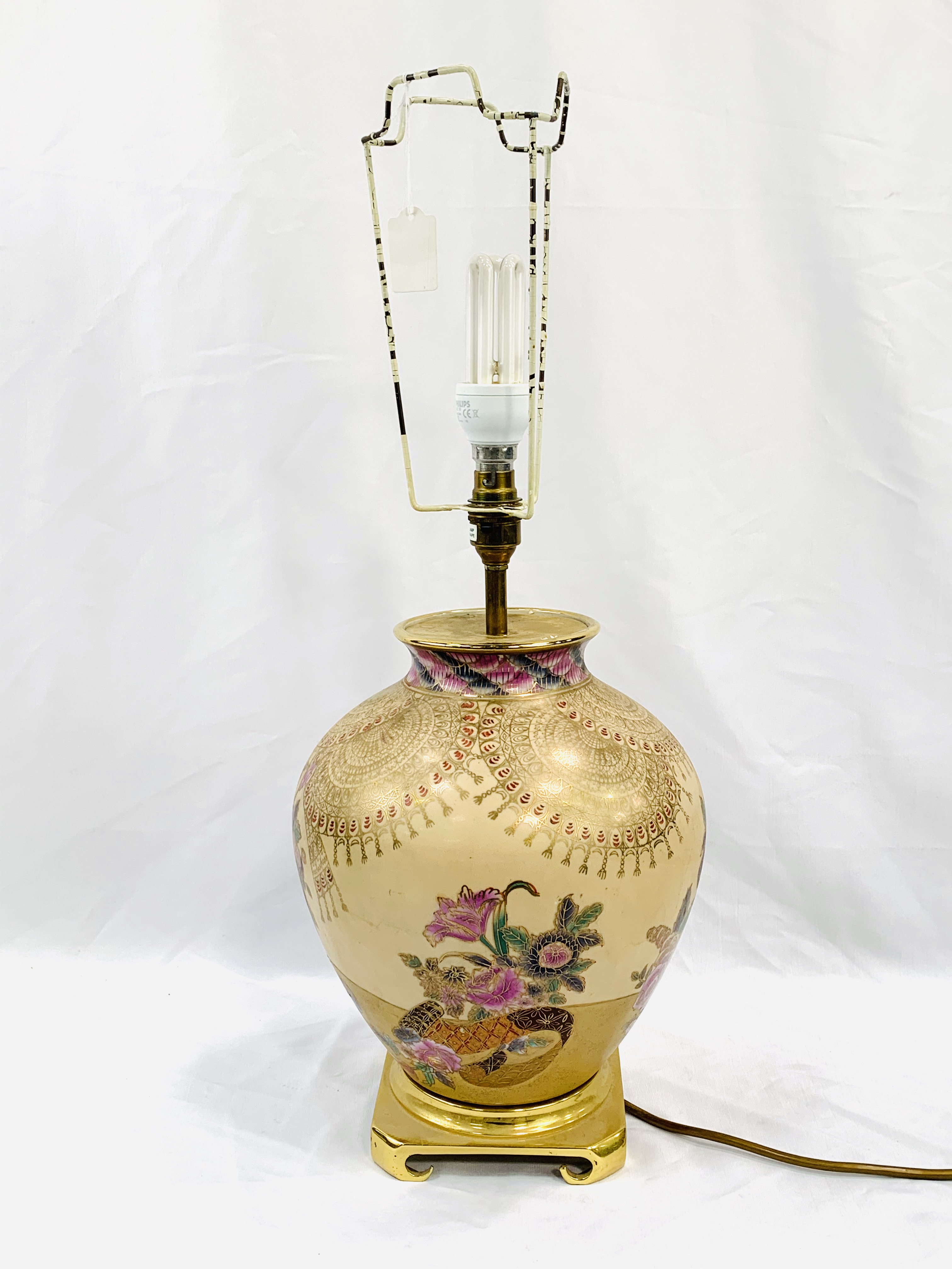 Large ovoid baluster-shaped painted table lamp and shade, height 72cms. - Image 2 of 2