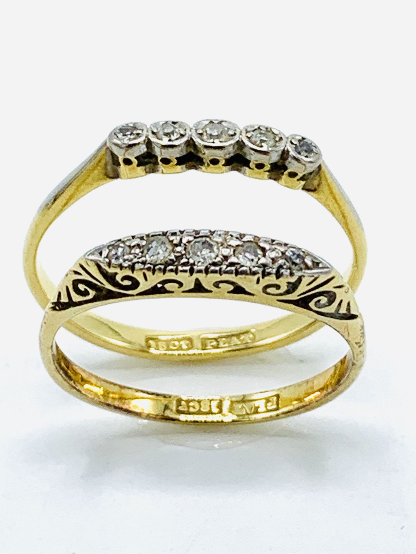 18ct gold and platinum Victorian 5 diamond ring, size R; together with another similar ring. - Image 3 of 4