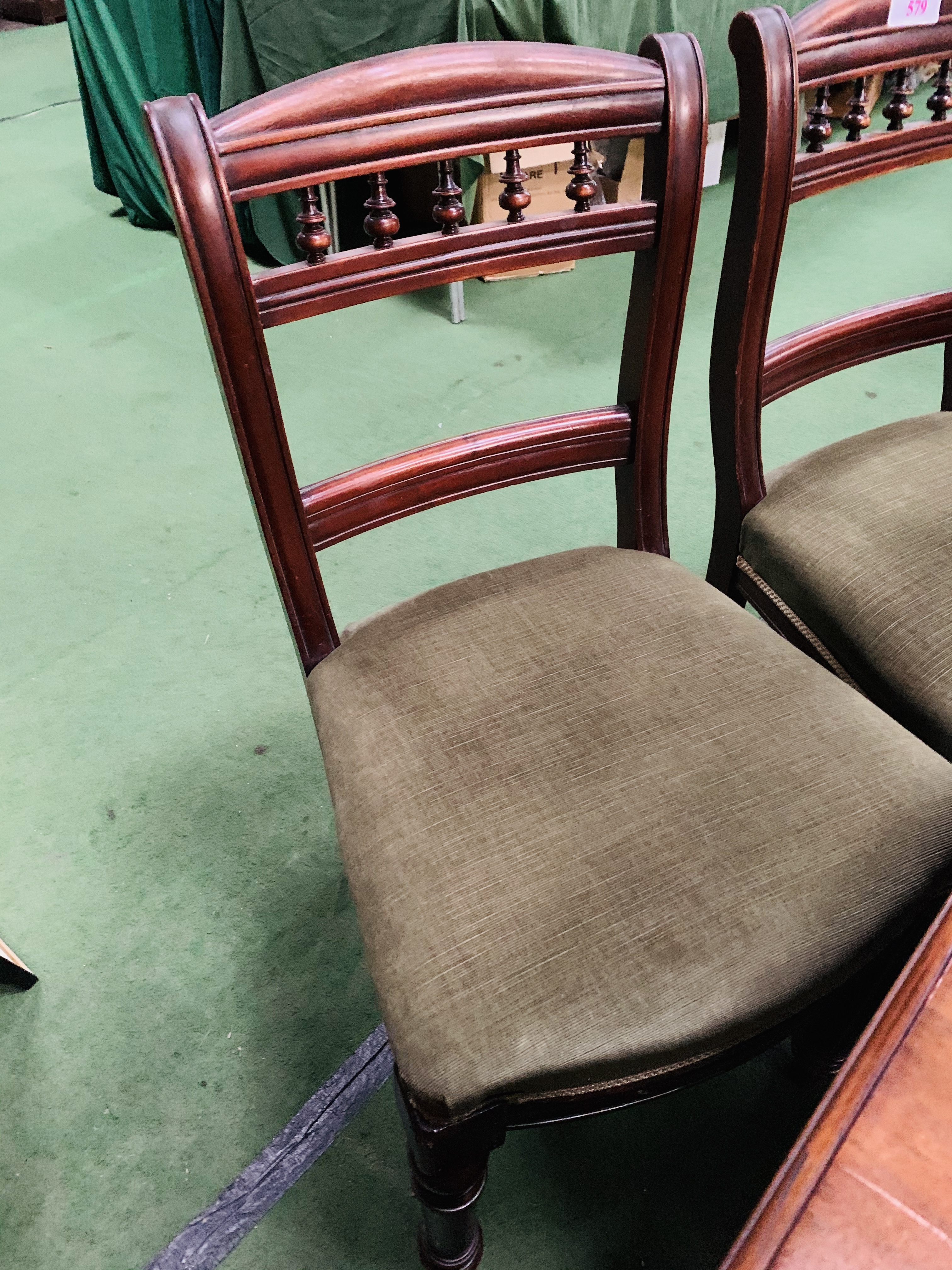 Four mahogany dining chairs with green upholstered seats. - Image 4 of 4