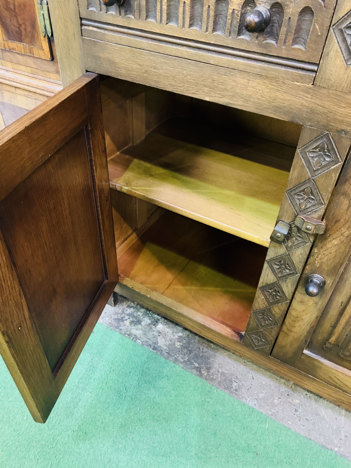 1930's oak sideboard with three frieze drawers over three cupboards. - Image 5 of 6