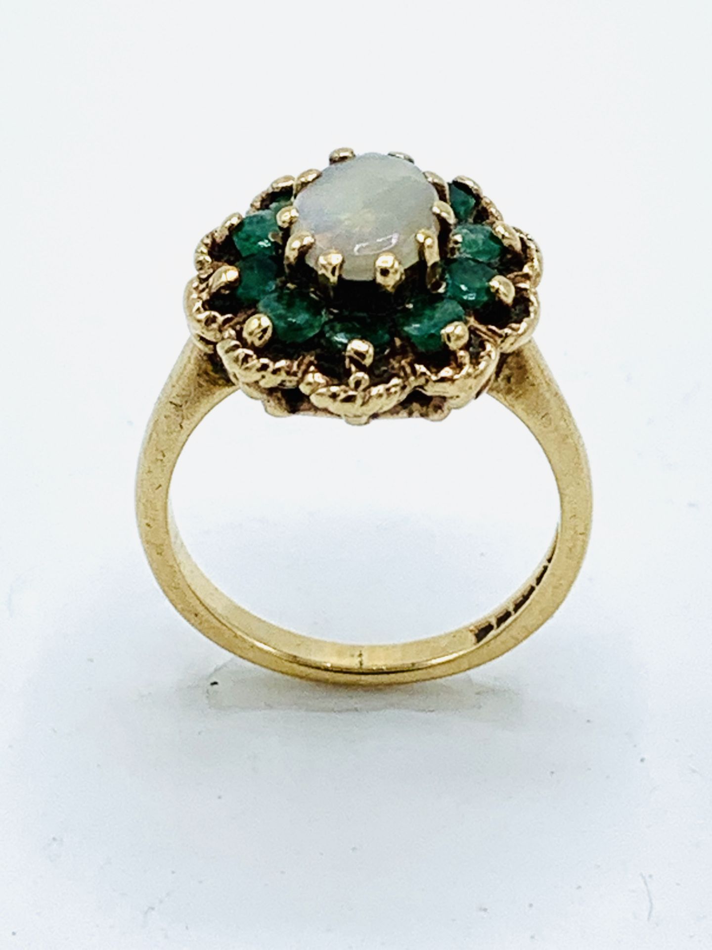 9ct gold, opal and pale green stone ring, 4.5gms