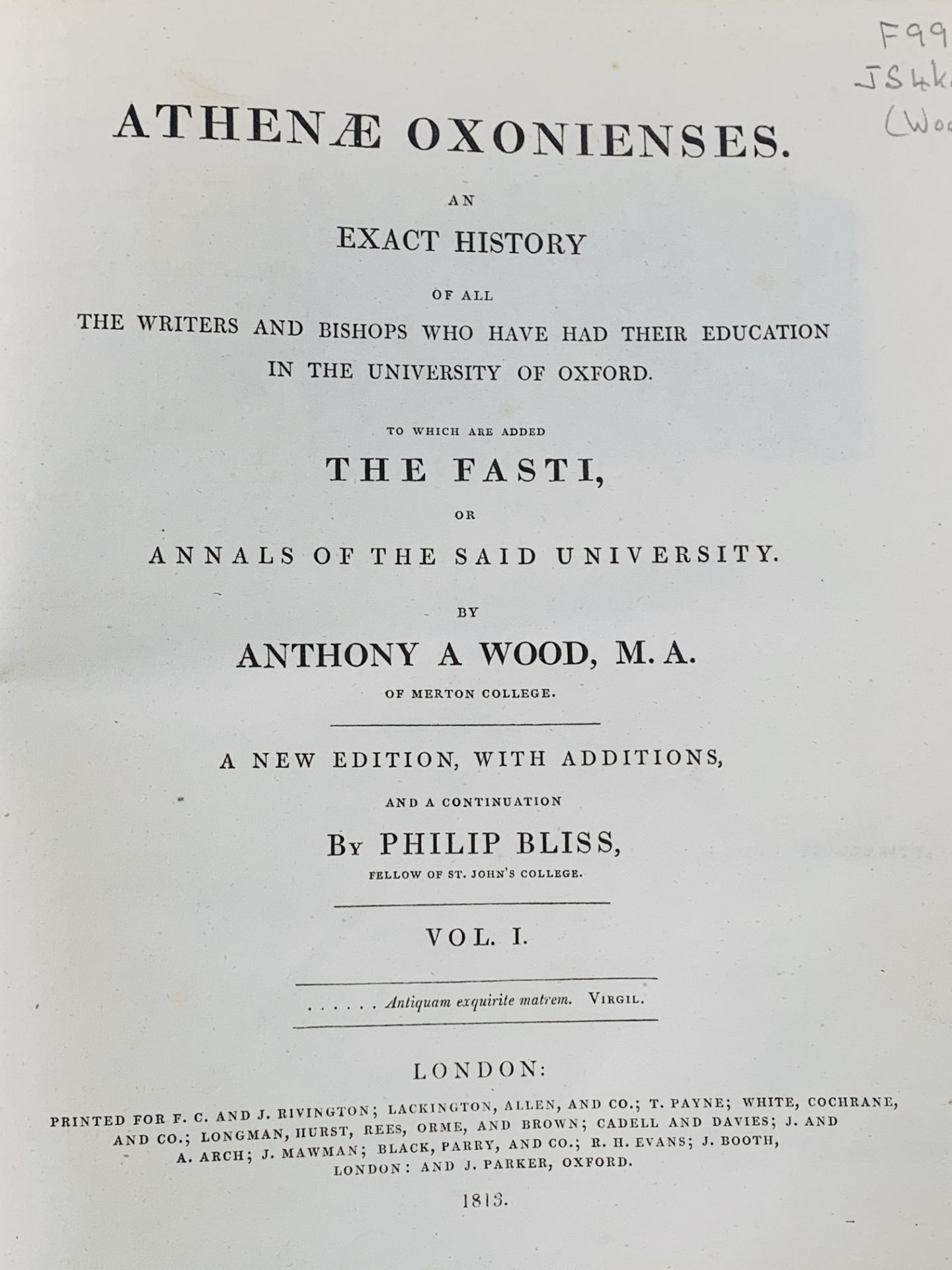 Athenae Oxonienses. A 4 volume set but volume 4 is in two parts published in London 1813-1820. - Image 2 of 3