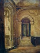 19th Century oil on canvas of an interior staircase.