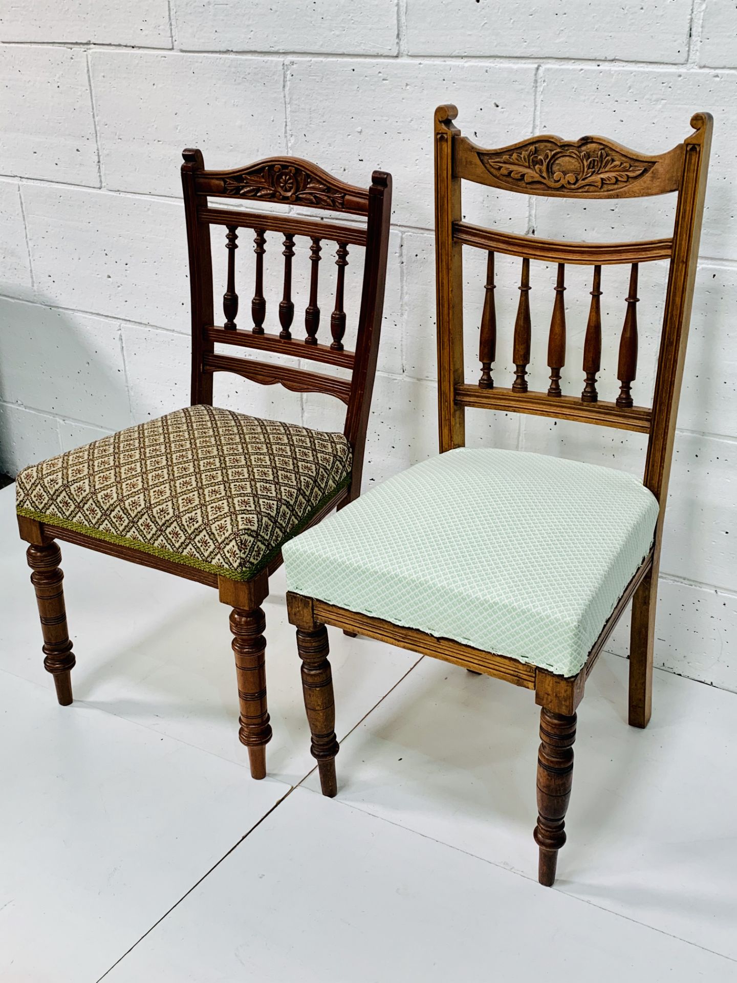 Two mahogany framed Edwardian rail back chairs with upholstered seats. - Image 2 of 3