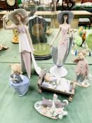 Four Lladro figurines and two Nao figurines.