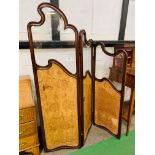 Mahogany three fold screen with bevelled glass above original silk upholstered panels