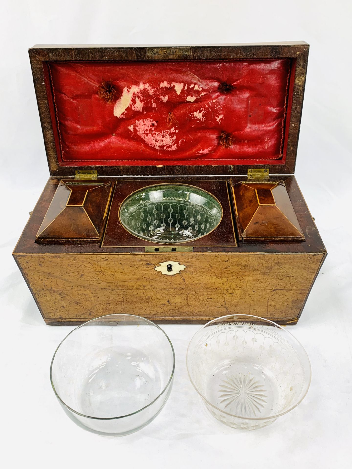 Early 19th Century sarcophagus tea caddy, requires repair. Complete with three glass bowls. - Image 4 of 5