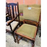 Oak framed open armchair and 3 oak framed dining chairs.