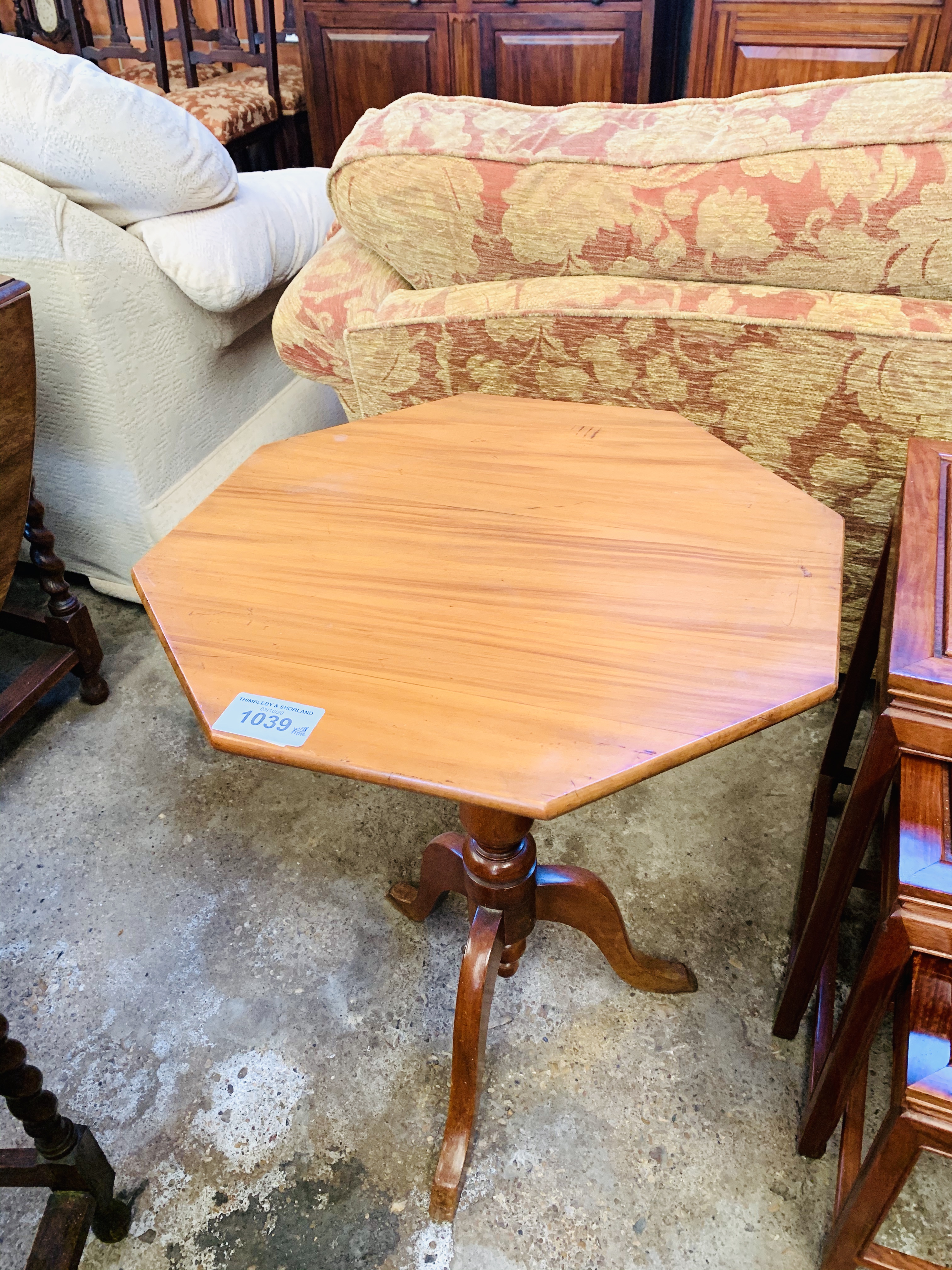 Octagonal tilt-top wine table on pedestal to three feet. - Image 3 of 3