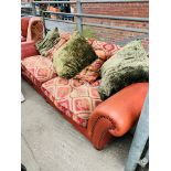 Brown leather and upholstered matching chair and 3 seat sofa