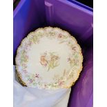 Box of 10 hand painted china plates with gilt edges, 5 china cake stands & 6 glass sundae dishes