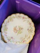 Box of 10 hand painted china plates with gilt edges, 5 china cake stands & 6 glass sundae dishes