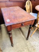 Mahogany drop-side table on turned legs, drawer to end.