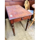 Mahogany drop-side table on turned legs, drawer to end.