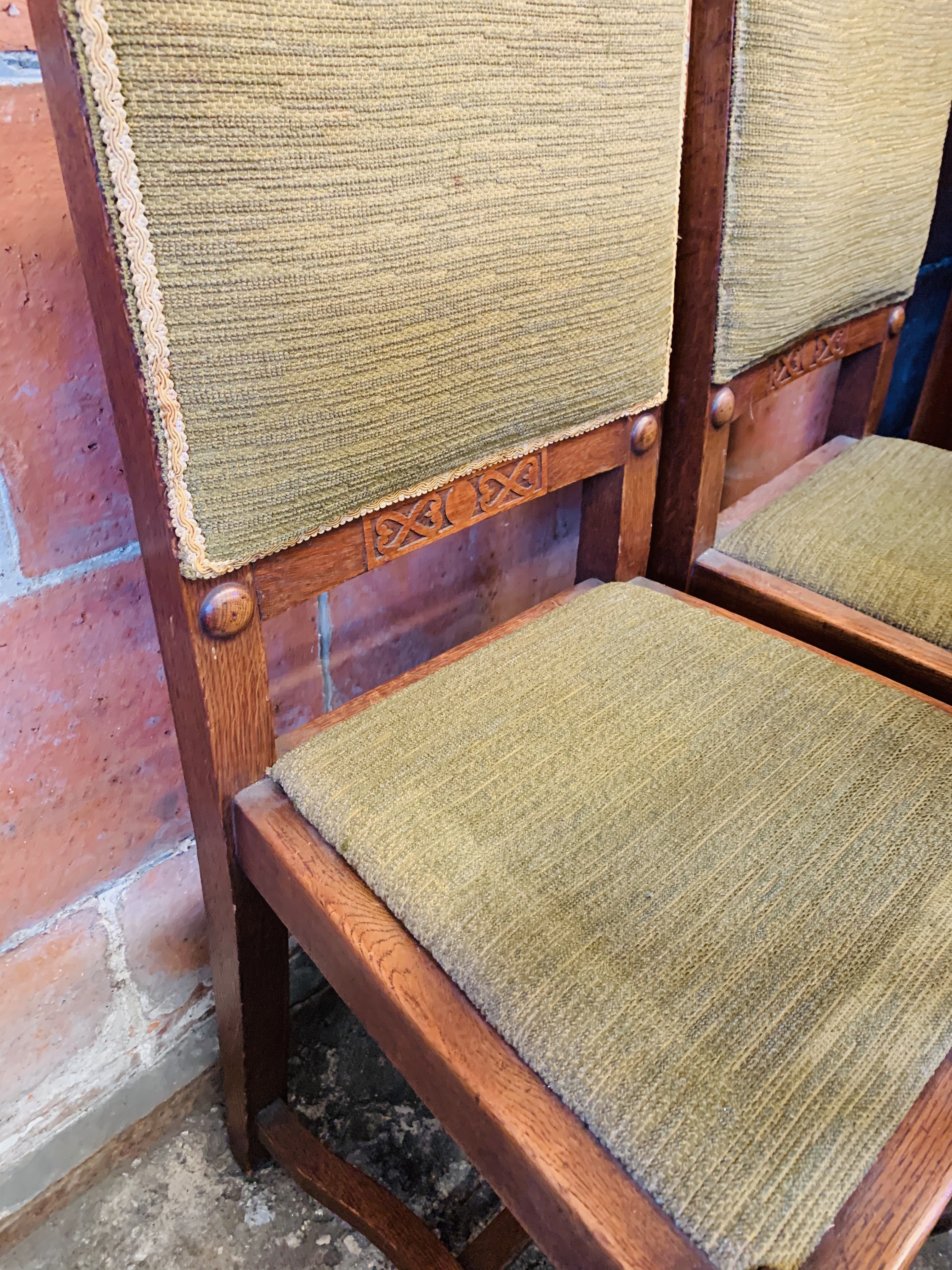 Oak framed open armchair and 3 oak framed dining chairs. - Image 3 of 4