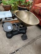 Set of cast iron weighing scales with set of Victor weights