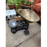 Set of cast iron weighing scales with set of Victor weights