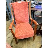 Corner chair, oak framed armchair and a hanging shelf.