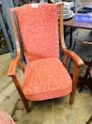 Corner chair, oak framed armchair and a hanging shelf.