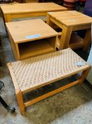 Pine bedside table and string seat stool.