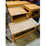 Pine bedside table and string seat stool.