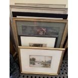 7 framed & glazed prints together with 2 framed & glazed samplers and a resin arts figure