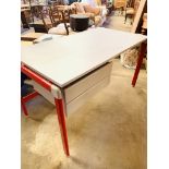 Grey and red desk with two drawers together with filing unit.