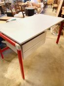 Grey and red desk with two drawers together with filing unit.