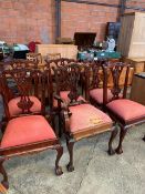 Set of six reproduction carved framed dining chairs with upholstered drop in seats on cabriole legs