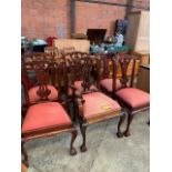 Set of six reproduction carved framed dining chairs with upholstered drop in seats on cabriole legs