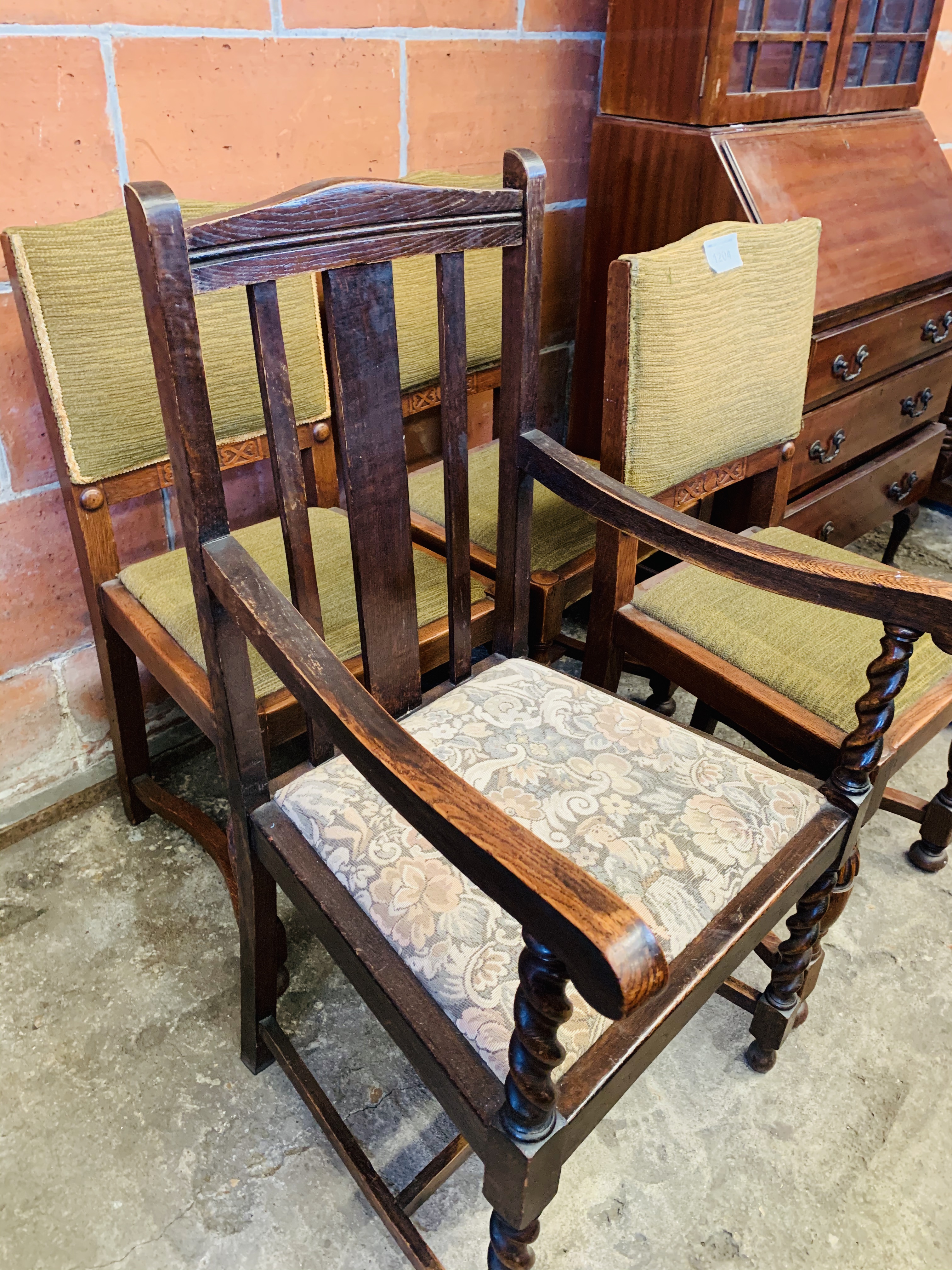 Oak framed open armchair and 3 oak framed dining chairs. - Image 2 of 4