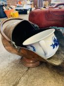 Copper coal scuttle together with a Staffordshire chamber pot