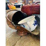 Copper coal scuttle together with a Staffordshire chamber pot