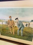 Framed and glazed old Tom and young Tom Morris golfing print.