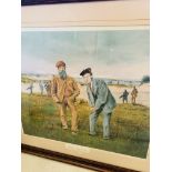 Framed and glazed old Tom and young Tom Morris golfing print.