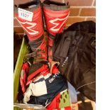Box containing: a pair of motorcycle boots; Disclock and sprocket and other items.