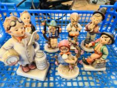 7 Goebel figurines and a framed and glazed Victorian print.