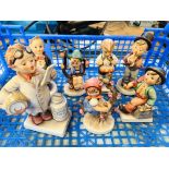 7 Goebel figurines and a framed and glazed Victorian print.