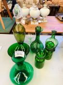 Quantity decorative green glass ware including two decanters.