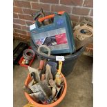 Plastic bucket containing a qty of handsaws; CK Lektro drill and other items.