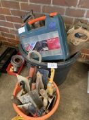 Plastic bucket containing a qty of handsaws; CK Lektro drill and other items.