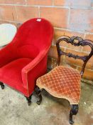 Red upholstered tub chair; decorative backed dining chair.