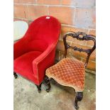 Red upholstered tub chair; decorative backed dining chair.