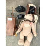 Charlie Bear; box of old keys; Petri camera; six-20 popular Brownie camera.
